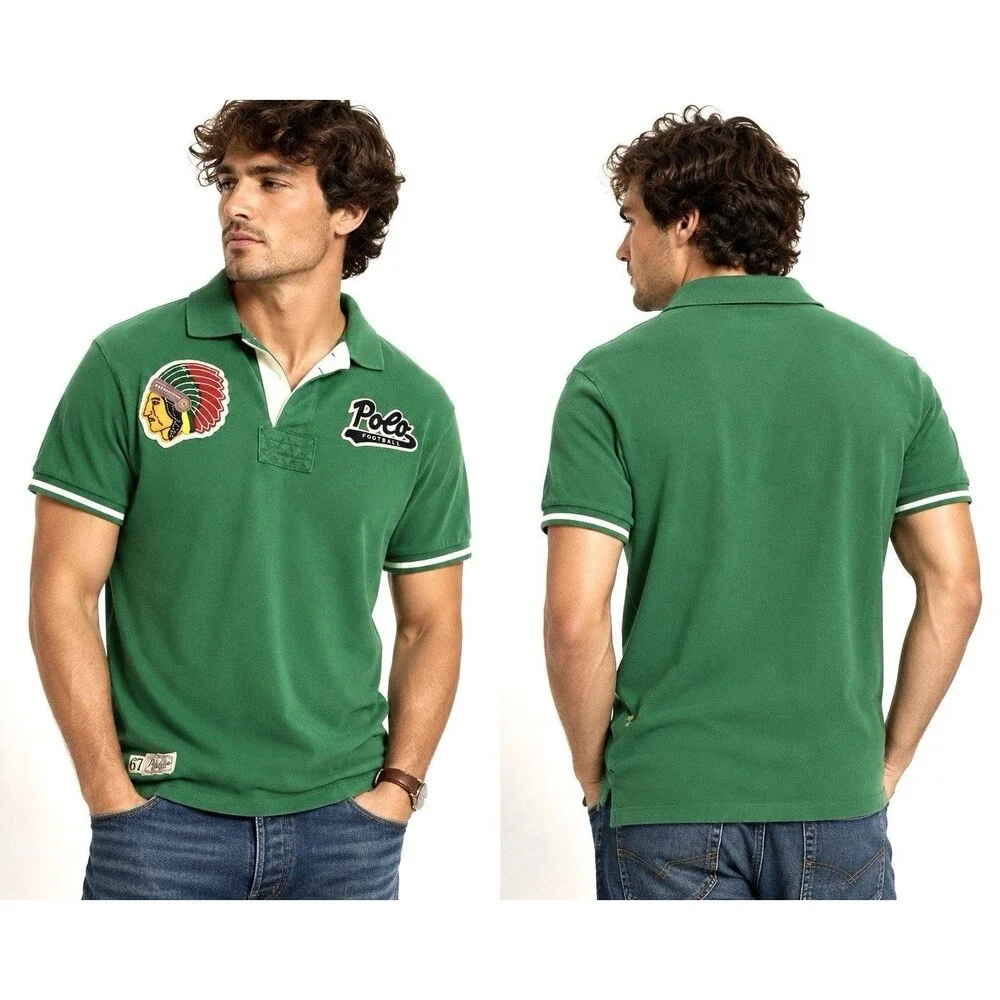 Polo Ralph Lauren Football Rugby Shirt Green Custom Fit Men’s Medium M Patches